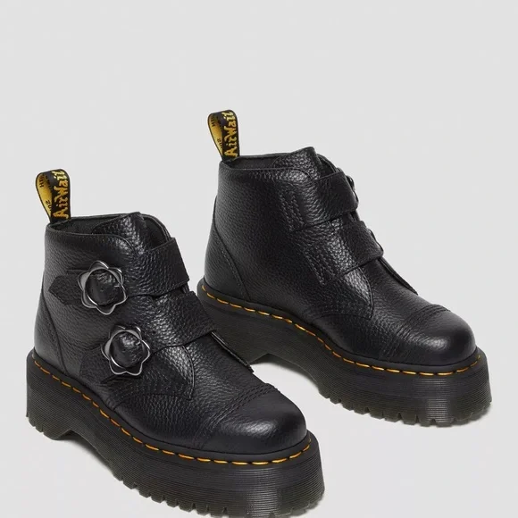 New Dr. Martens Women's Devon Flower Buckle Leather Platform Boots - Picture 2 of 8
